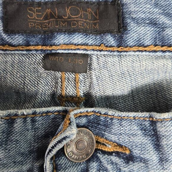 Y2K Sean John Jeans Mens 40x30 Blue Light Wash Garvey Wide Leg Baggy Distressed - Picture 3 of 11
